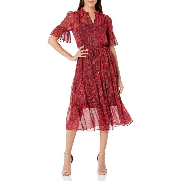 Tommy Hilfiger Romantic‎ Red Paisley Flowy Feminine Maxi Dress Size 10 - Picture 1 of 12